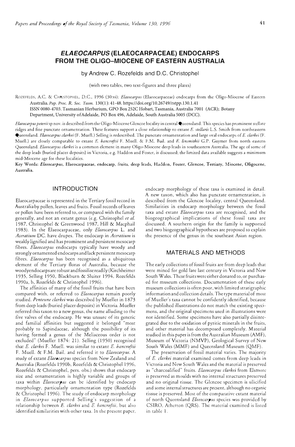 ELAEOCARPUS{ELAEOCARPACEAE)ENDOCARPS from the OLIGO-MIOCENE of EASTERN AUSTRALIA by Andrew C