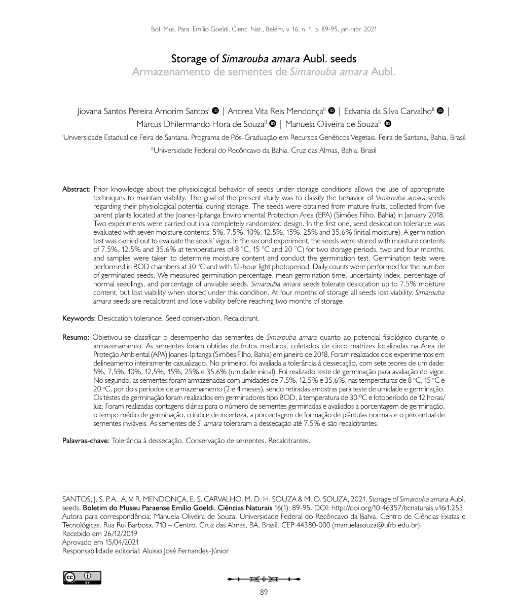 Storage of Simarouba Amara Aubl. Seeds Armazenamento De Sementes De Simarouba Amara Aubl