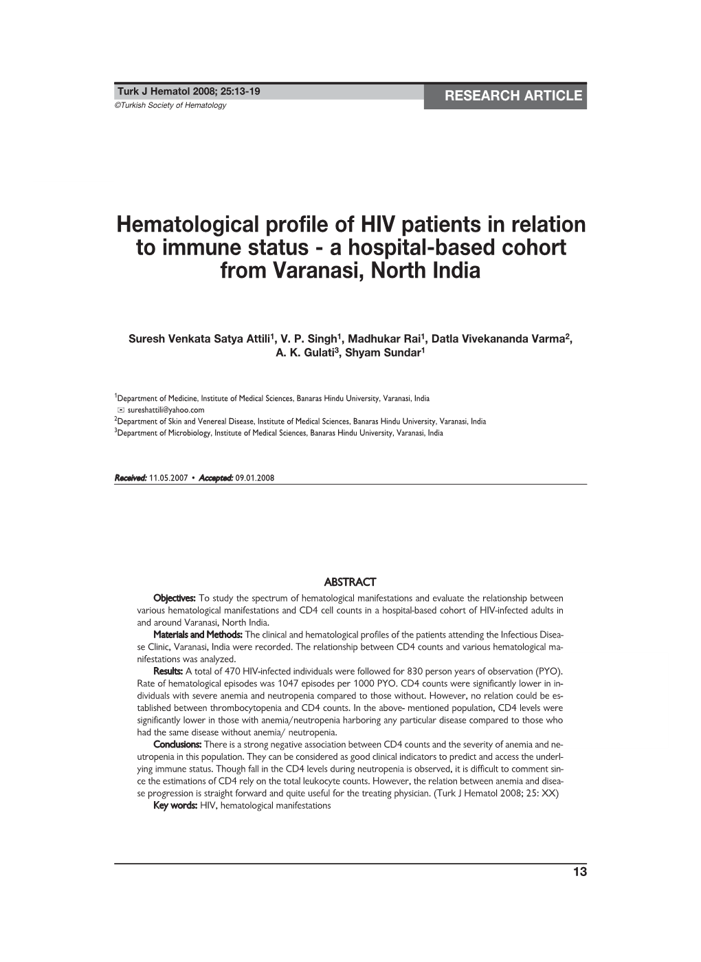 Hematological Profile of HIV Patients in Relation to Immune Status - a Hospital-Based Cohort from Varanasi, North India