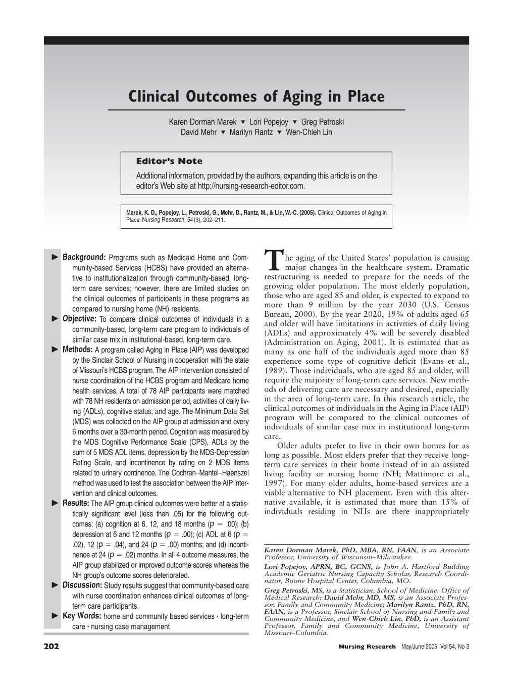 Clinical Outcomes of Aging in Place