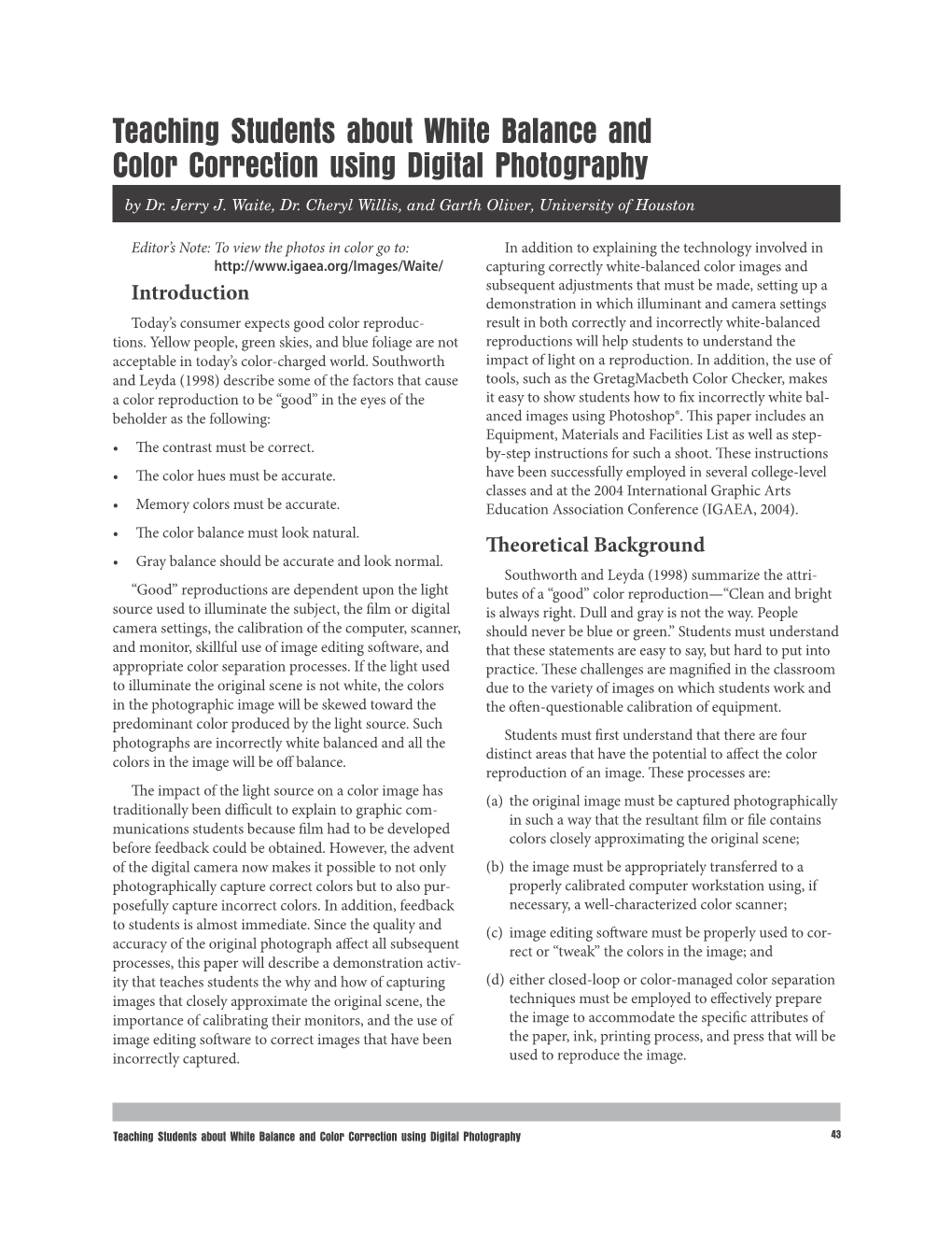 Teaching Students About White Balance and Color Correction Using Digital Photography by Dr