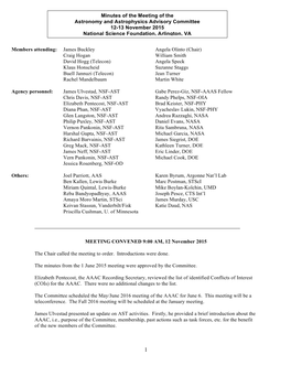 Minutes of the Meeting of the Astronomy and Astrophysics Advisory Committee 12-13 November 2015 National Science Foundation, Arlington, VA