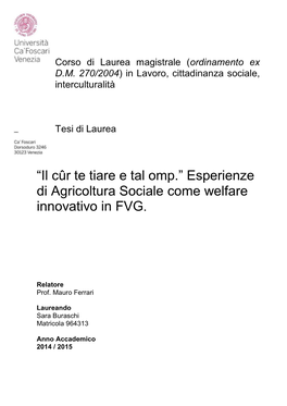 Esperienze Di Agricoltura Sociale Come Welfare Innovativo in FVG