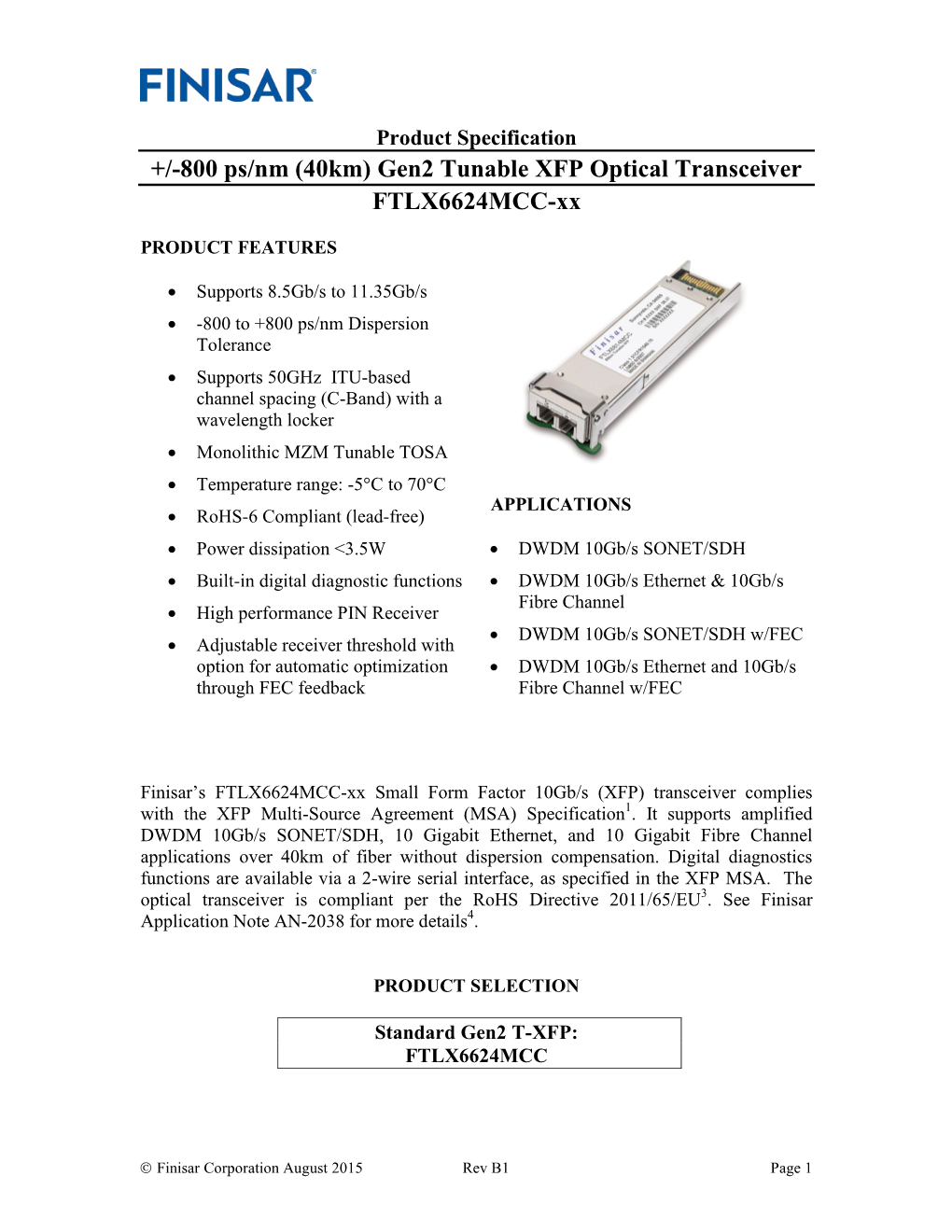 Gen2 Tunable XFP Optical Transceiver FTLX6624MCC-Xx