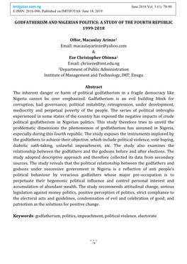 Godfatherism and Nigerian Politics: a Study of the Fourth Republic 1999-2018