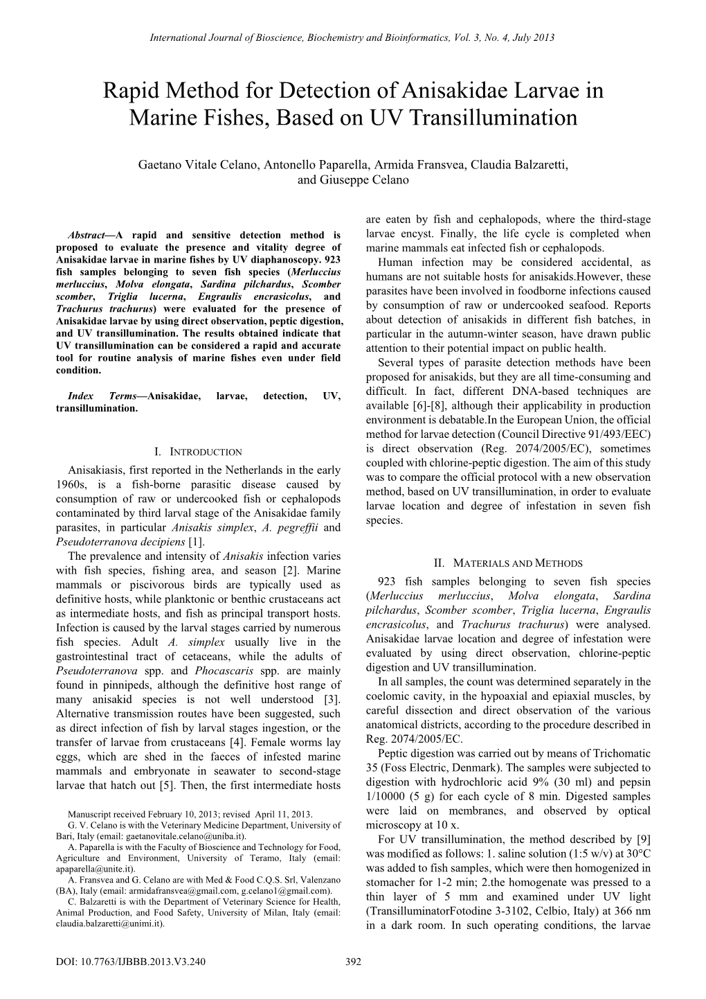 Rapid Method for Detection of Anisakidae Larvae in Marine Fishes, Based on UV Transillumination