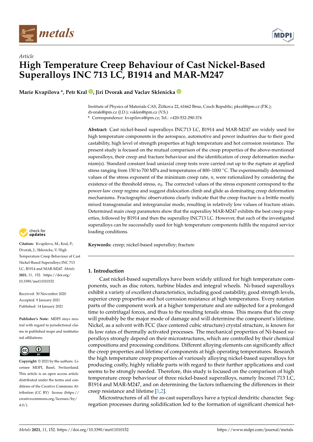 High Temperature Creep Behaviour of Cast Nickel-Based Superalloys INC 713 LC, B1914 and MAR-M247