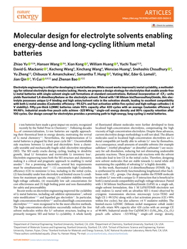 Molecular Design for Electrolyte Solvents Enabling Energy-Dense and Long-Cycling Lithium Metal Batteries