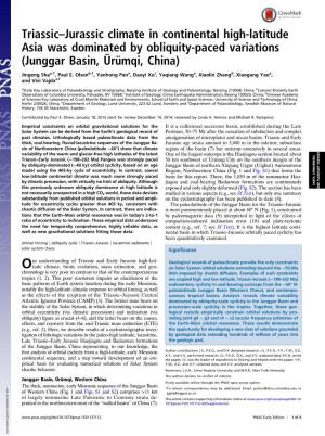 Triassic–Jurassic Climate in Continental High-Latitude Asia Was Dominated by Obliquity-Paced Variations (Junggar Basin, Ürümqi, China)