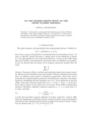 ON the SELBERG-ERD˝OS PROOF of the PRIME NUMBER THEOREM 1. Introduction the Prime Numbers, and Specifically Their Enumerating F