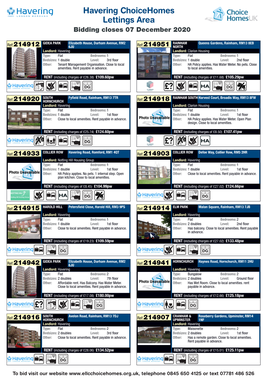 Havering Choicehomes Lettings Area Bidding Closes 07 December 2020