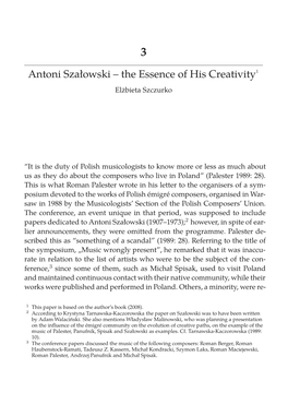 Antoni Szałowski – the Essence of His Creativity1 Elżbieta Szczurko