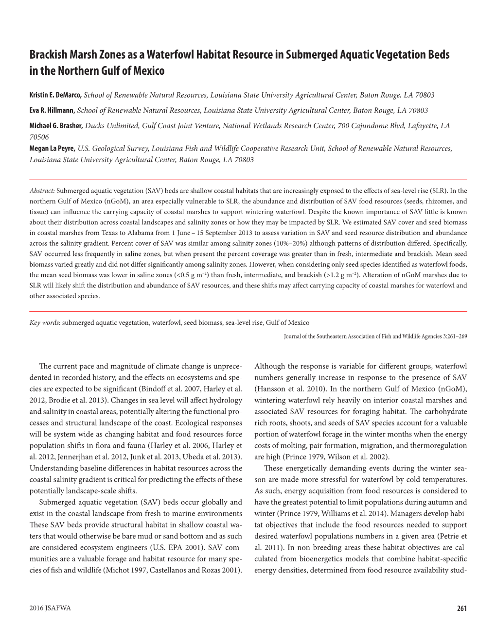 Brackish Marsh Zones As a Waterfowl Habitat Resource in Submerged Aquatic Vegetation Beds in the Northern Gulf of Mexico