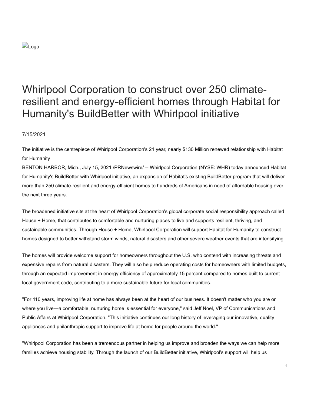 Whirlpool Corporation to Construct Over 250 Climate- Resilient and Energy-Efficient Homes Through Habitat for Humanity's Buildbetter with Whirlpool Initiative