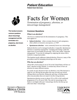 Facts for Women Termination of Pregnancy, Abortion, Or Miscarriage Management
