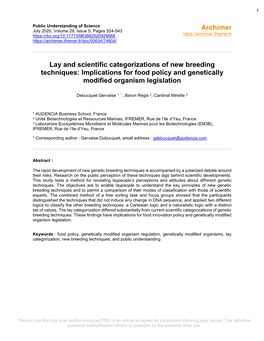 Lay and Scientific Categorizations of New Breeding Techniques: Implications for Food Policy and Genetically Modified Organism Legislation