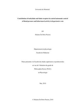 Université De Montréal Contribution of Tachykinin and Kinin Receptors In