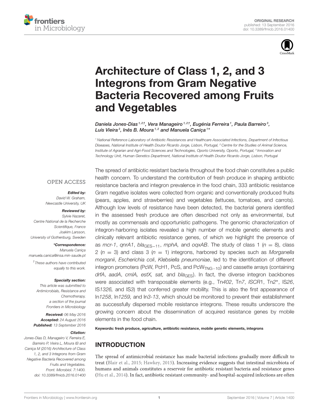 Architecture of Class 1, 2, and 3 Integrons from Gram Negative Bacteria Recovered Among Fruits and Vegetables