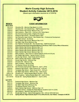 Marin County High Schools Student Activity Calendar 2015-2016 (Based Upon Information Received As of 2129116)