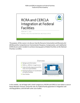 RCRA and CERCLA Integration at Federal Facilities Federal Facilities Academy