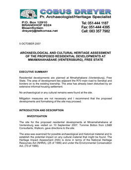 Archaeological and Cultural Heritage Assessment of the Proposed Residential Developments at Mmamahahabane (Ventersburg), Free State