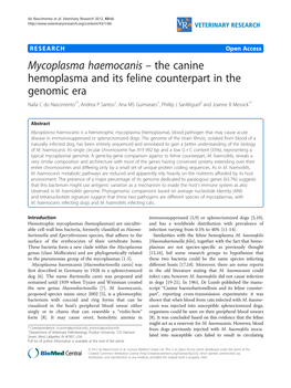 Mycoplasma Haemocanis the Canine Hemoplasma and Its Feline