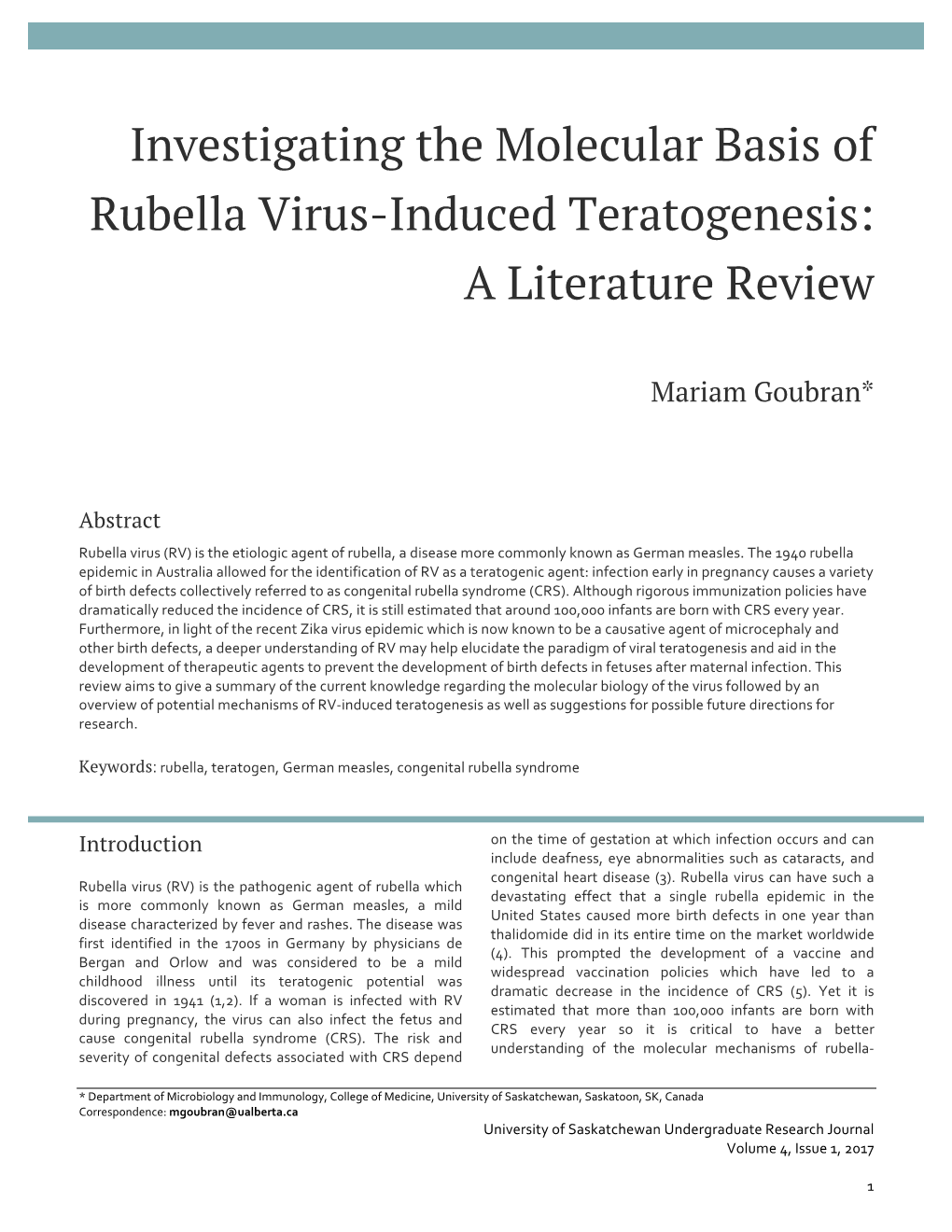 Investigating the Molecular Basis of Rubella Virus-Induced Teratogenesis: a Literature Review