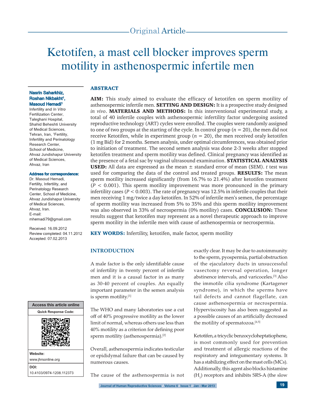 Ketotifen, a Mast Cell Blocker Improves Sperm Motility in Asthenospermic Infertile Men