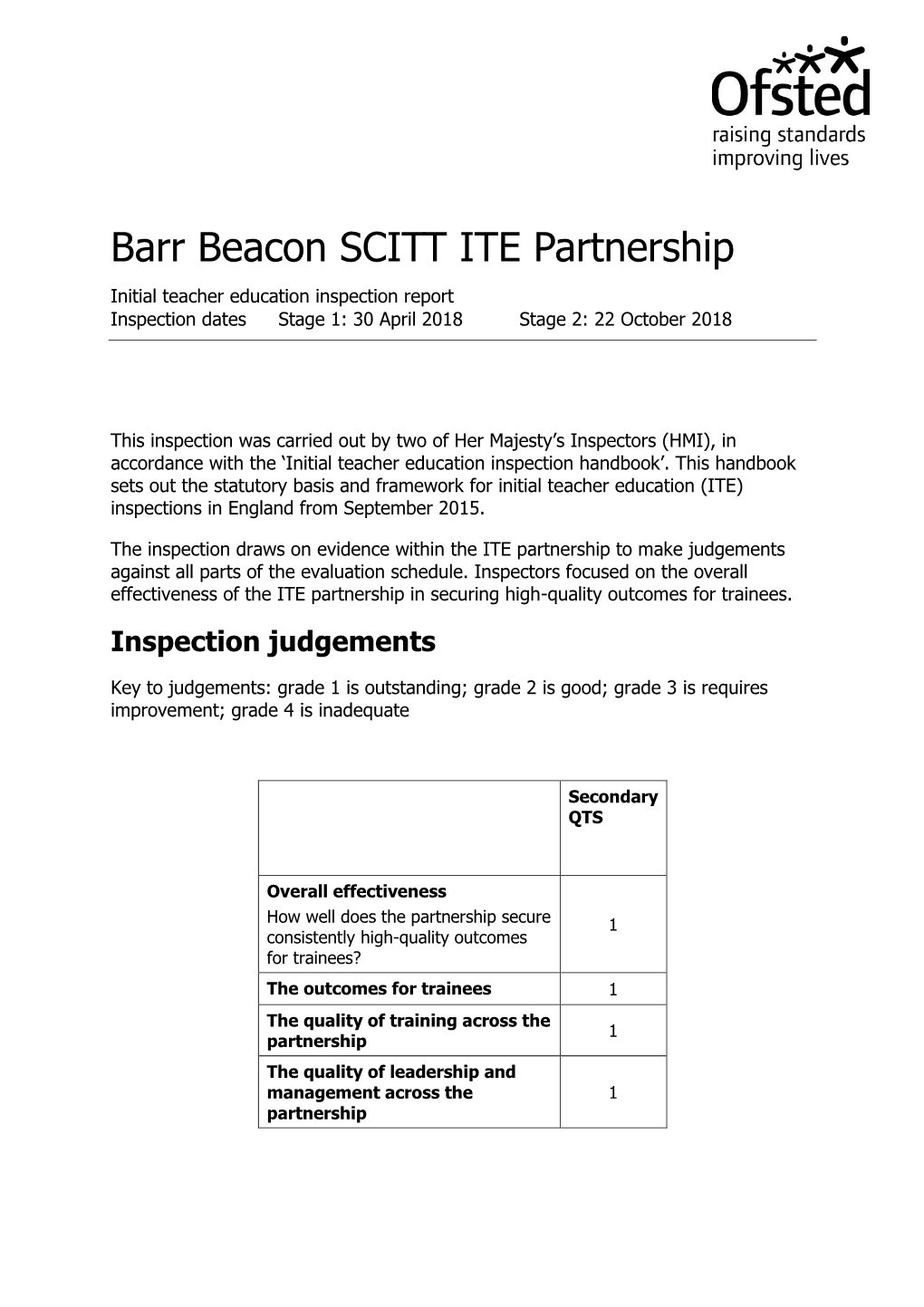 Barr Beacon SCITT ITE Partnership Initial Teacher Education Inspection Report Inspection Dates Stage 1: 30 April 2018 Stage 2: 22 October 2018