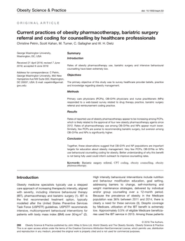 Current Practices of Obesity Pharmacotherapy, Bariatric Surgery Referral and Coding for Counselling by Healthcare Professionals Christine Petrin, Scott Kahan, M