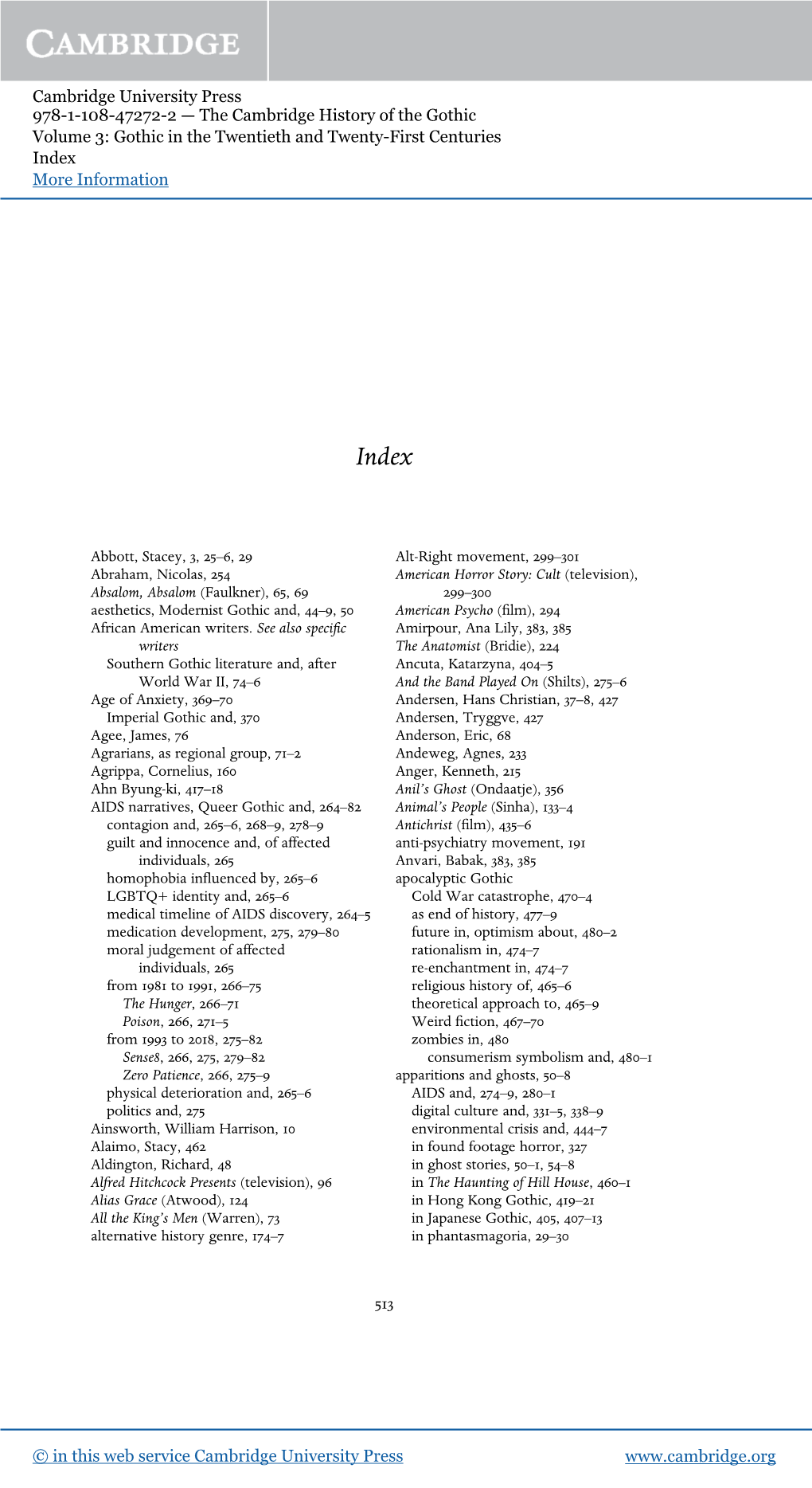 Cambridge University Press 978-1-108-47272-2 — the Cambridge History of the Gothic Volume 3: Gothic in the Twentieth and Twenty-First Centuries Index More Information