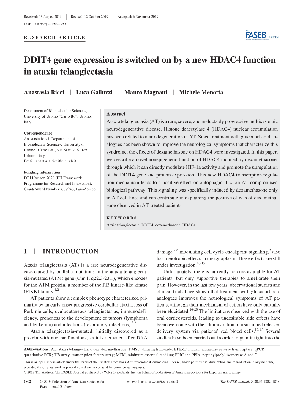 DDIT4 Gene Expression Is Switched on by a New HDAC4 Function in Ataxia Telangiectasia