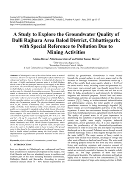 A Study to Explore the Groundwater Quality of Dalli Rajhara Area Balod District, Chhattisgarh: with Special Reference to Pollution Due to Mining Activities