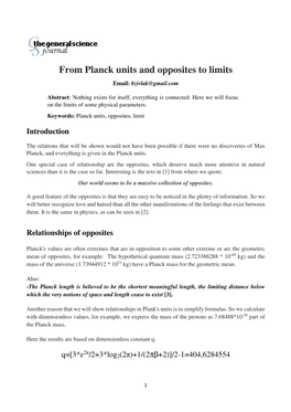 From Planck Units and Opposites to Limits Email: Bzivlak@Gmail.Com