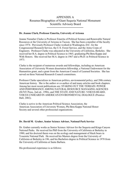 APPENDIX a Resumes/Biographies of Giant Sequoia National Monument Scientific Advisory Board