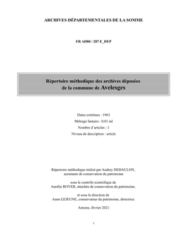 Répertoire Méthodique Des Archives Déposées De La Commune De Avelesges