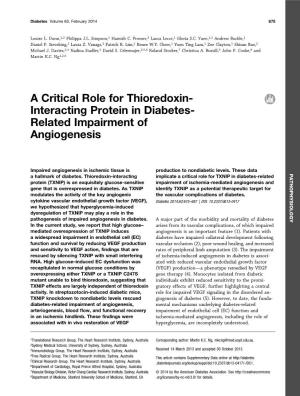 A Critical Role for Thioredoxin- Interacting Protein in Diabetes- Related Impairment of Angiogenesis