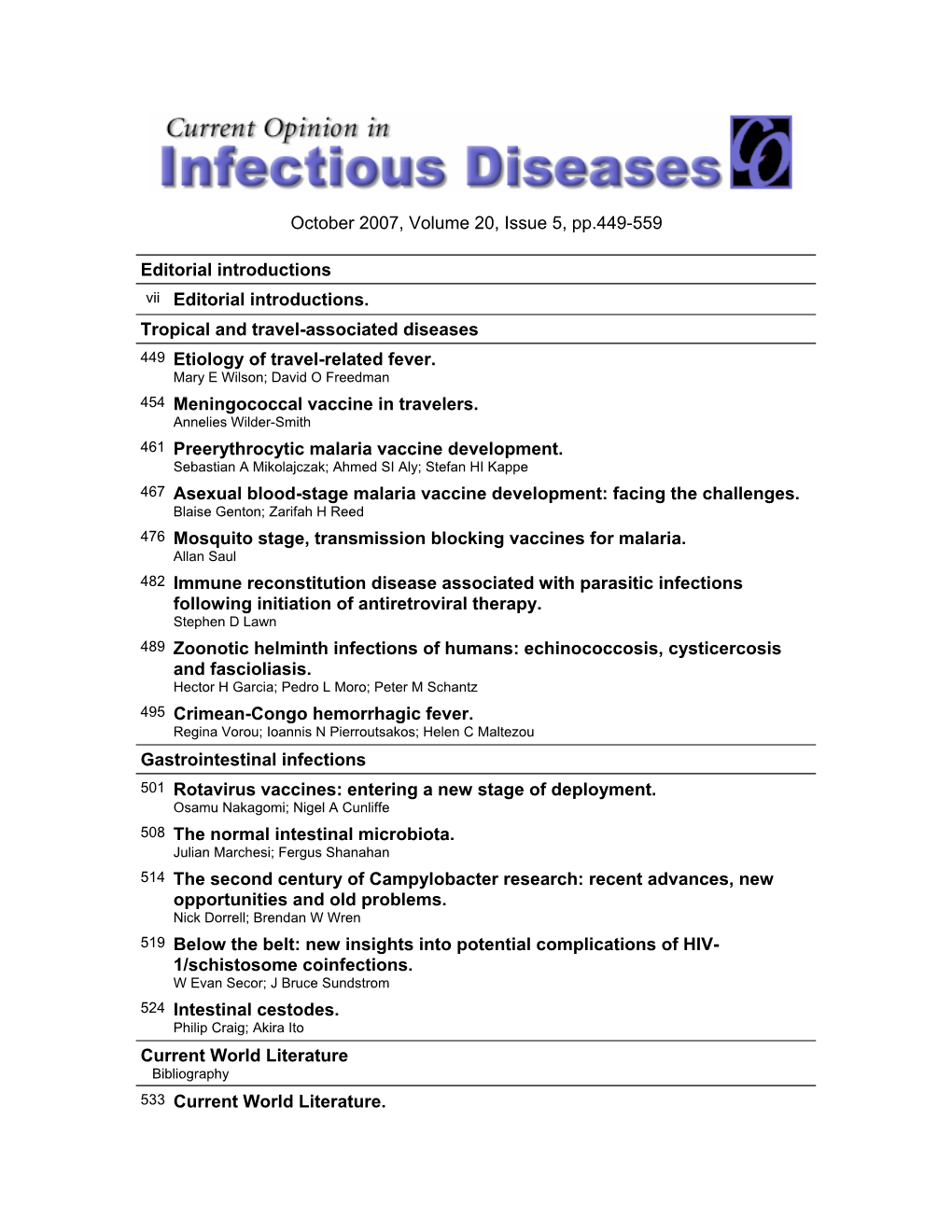 Current Opinion in Infectious Diseases Was Launched in 1988