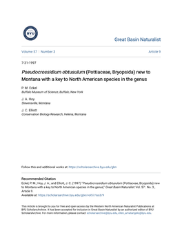 Pseudocrossidium Obtusulum (Pottiaceae, Bryopsida) New to Montana with a Key to North American Species in the Genus