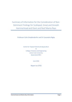 Summary of Information for the Consideration of Non- Detriment Findings for Scalloped, Great and Smooth Hammerhead and Giant and Reef Manta Rays