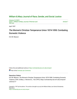 The Women's Christian Temperance Union 1874-1898: Combating Domestic Violence