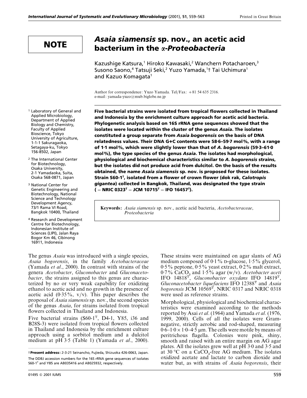 Asaia Siamensis Sp. Nov., an Acetic Acid Bacterium in the Α