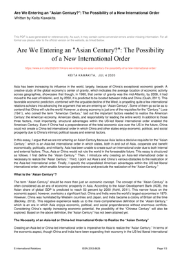 Asian Century?": the Possibility of a New International Order Written by Keita Kawakita