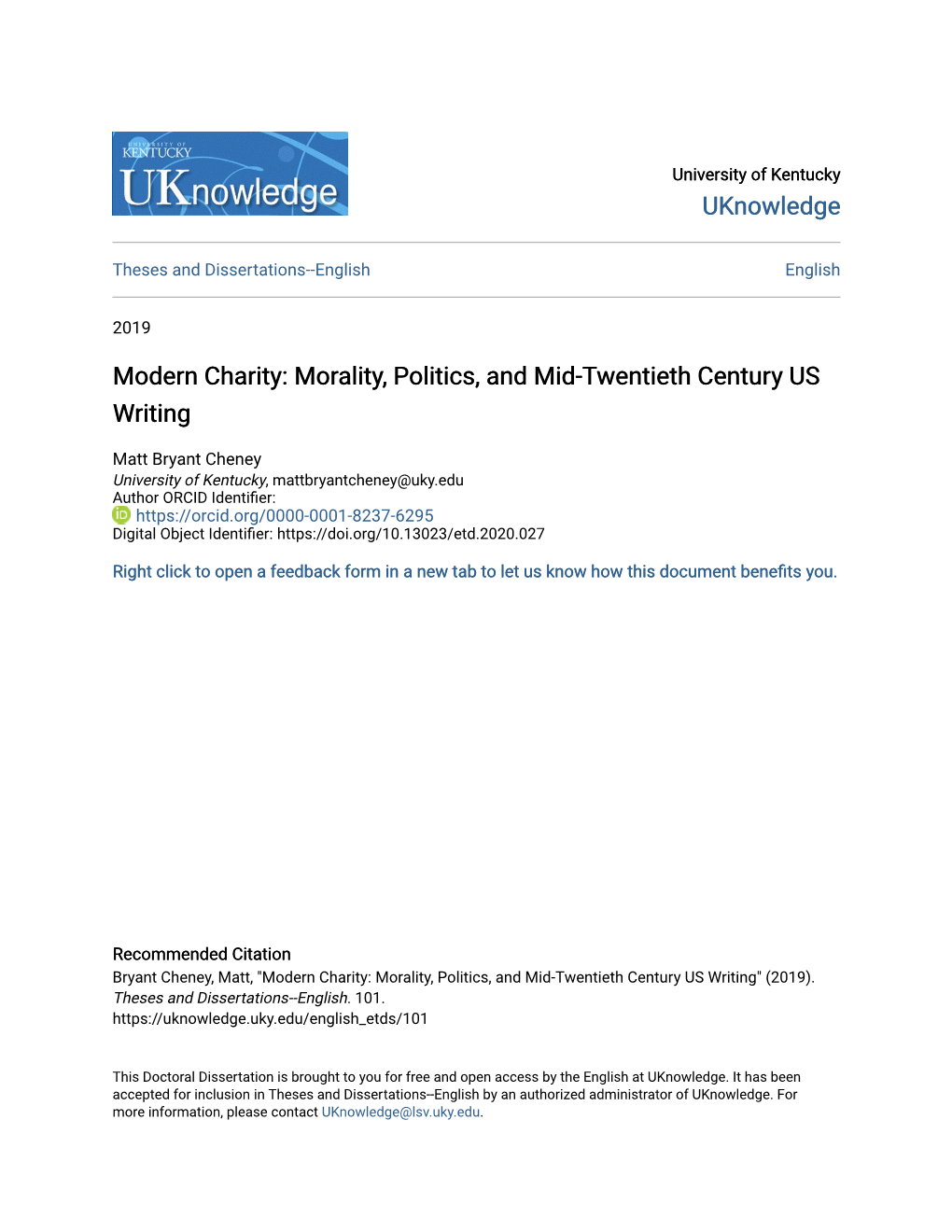 Modern Charity: Morality, Politics, and Mid-Twentieth Century US Writing