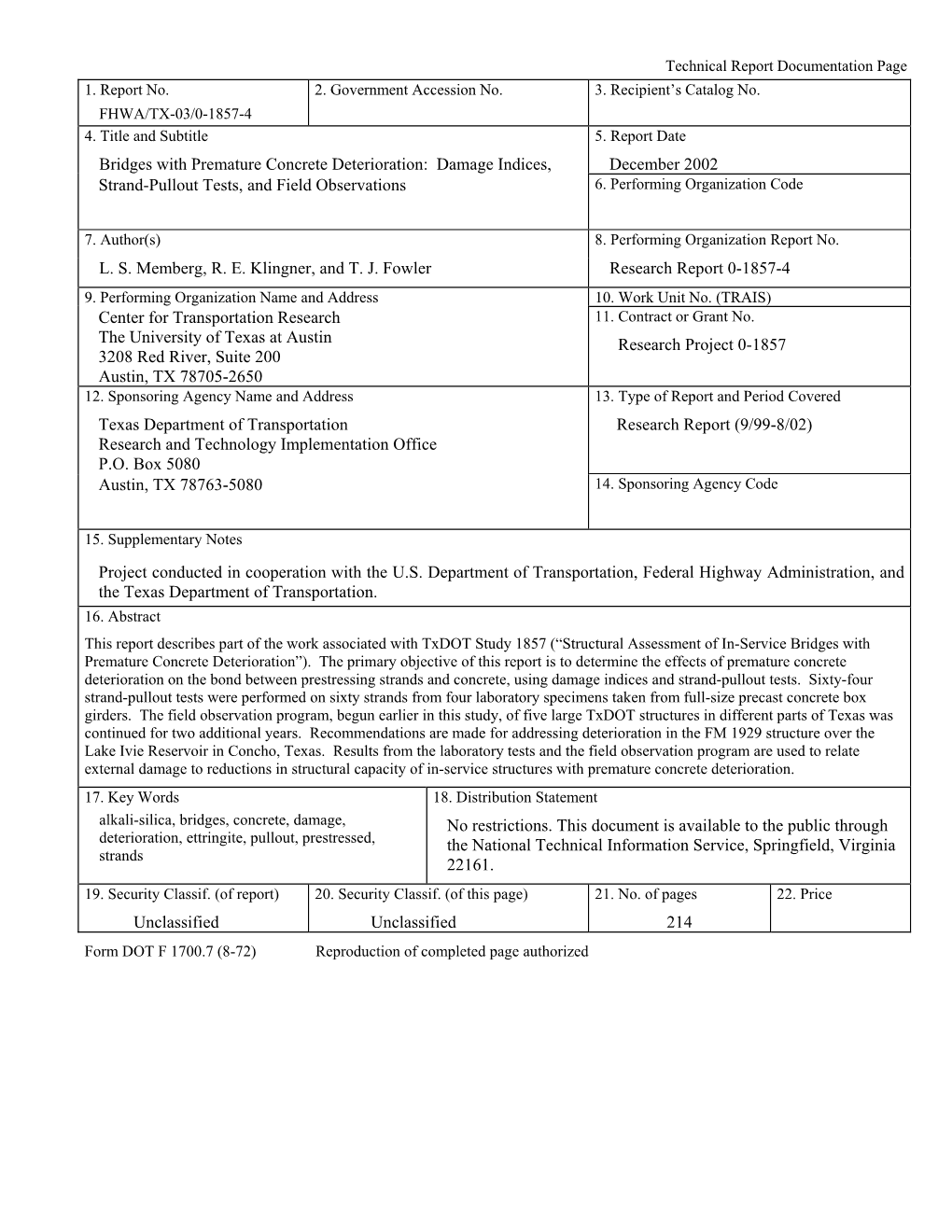 Bridges with Premature Concrete Deterioration: Damage Indices, December 2002 Strand-Pullout Tests, and Field Observations 6