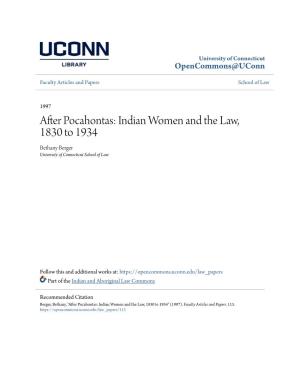 Indian Women and the Law, 1830 to 1934 Bethany Berger University of Connecticut School of Law