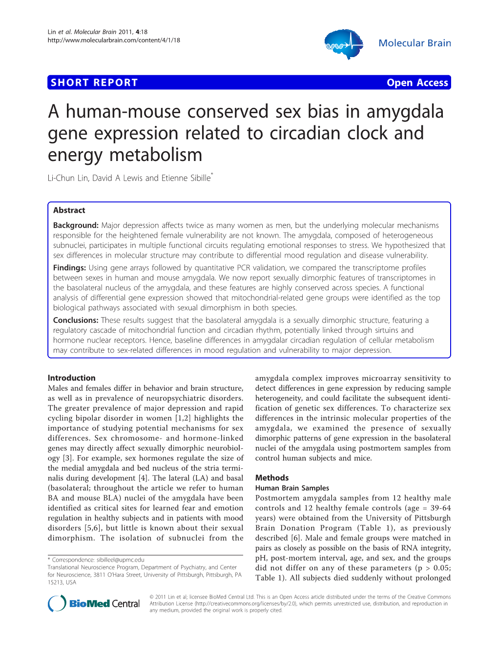 A Human-Mouse Conserved Sex Bias in Amygdala Gene Expression Related to Circadian Clock and Energy Metabolism Li-Chun Lin, David a Lewis and Etienne Sibille*