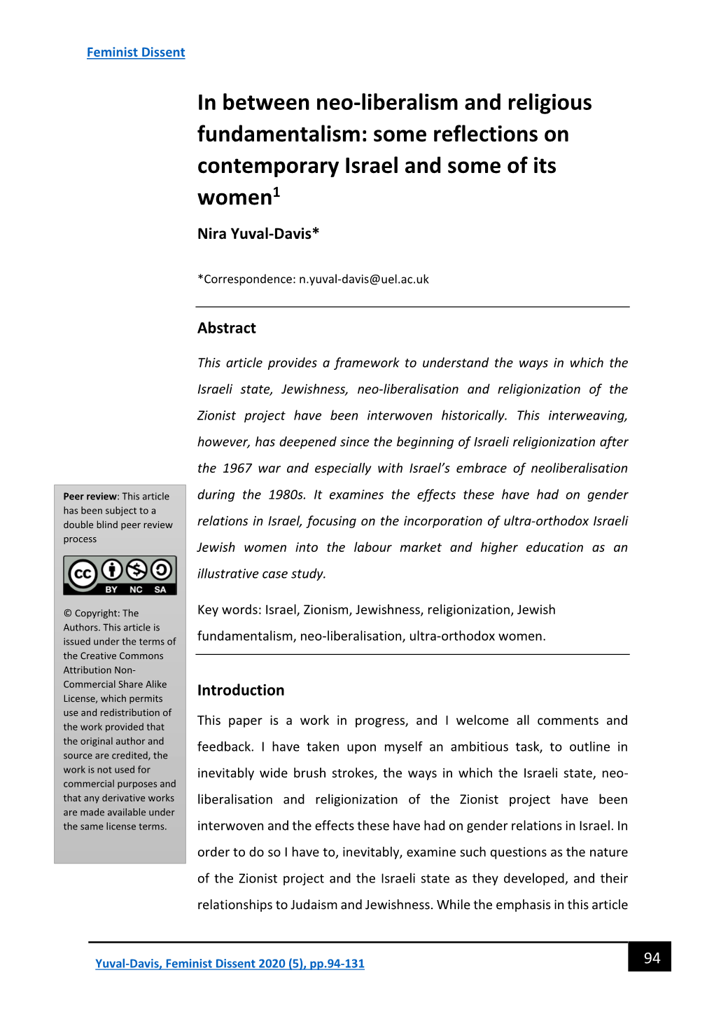 Yuval-Davis, N. (1995) ‘Palestine, Israel & the Zionist Settler Project’ (With N