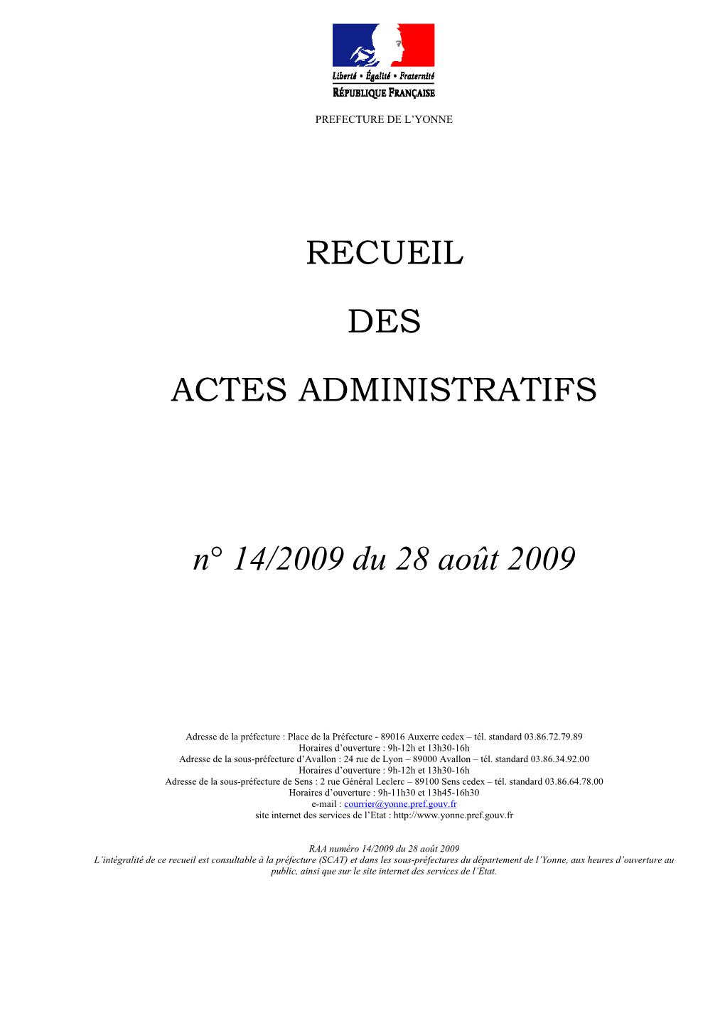 Recueil N°14 Du 28 Août 2009