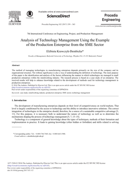 Analysis of Technology Management Using the Example of the Production Enterprise from the SME Sector
